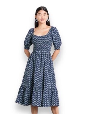 Hill House The Louisa Nap Dress Blue Posy Navy Crepe Floral Puff Sleeve Dress M